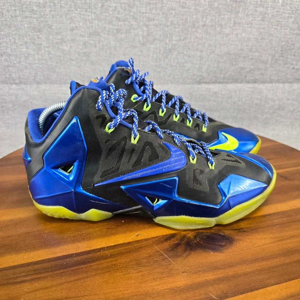 Nike LeBron 11 iD Custom Mens 9.5 Black Blue Volt Basketball Shoes 641216-991
